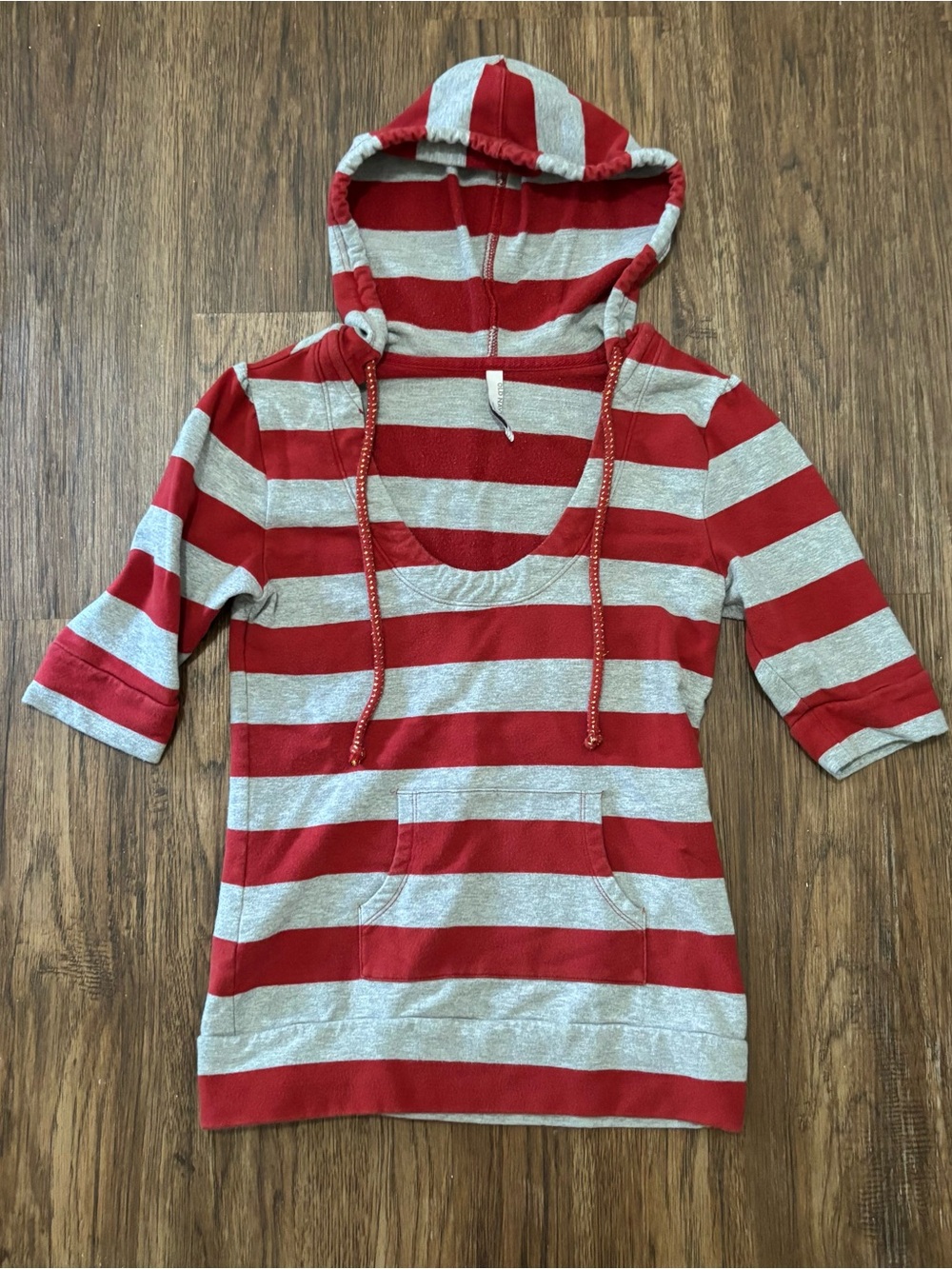 Y2K Old Navy Maroon Gray Striped 3/4 Sleeve Hooded Scoop Neck Sweater S